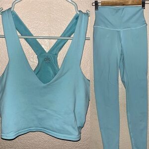 Matching ALO Yoga Set Blue Quartz High Waist Airbrush Leggings & Real Bra Tank